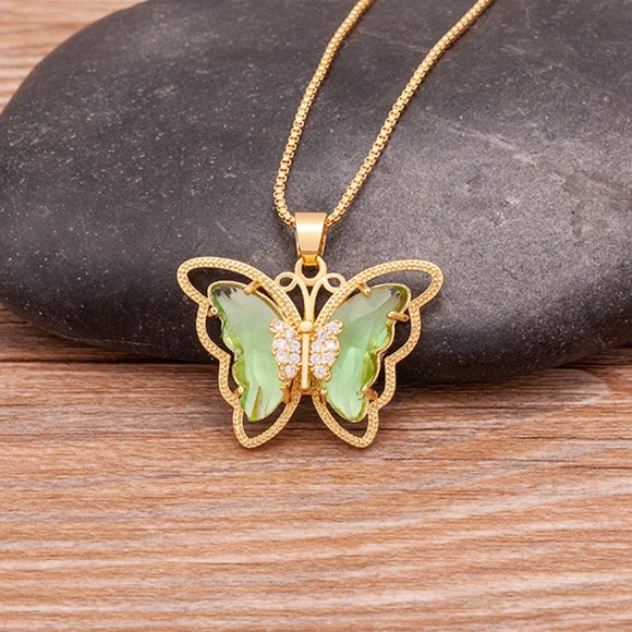 14kt Green Crystal Butterfly Gold Pendant Necklace Chain - Picture 2 of 9